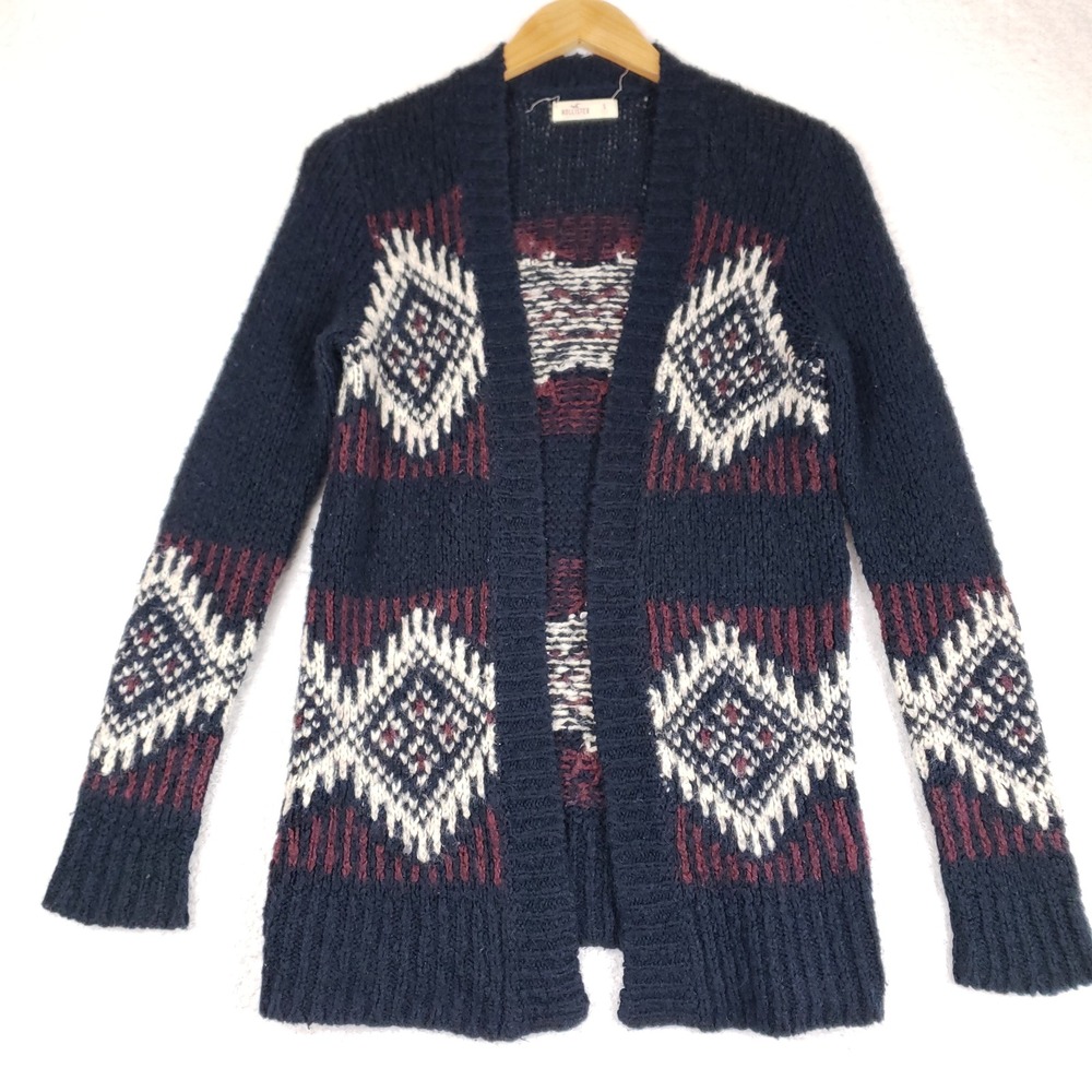 Hollister Navy Blue Fair Isle Wool Blend Open Front Chunky Knit Cardigan S Y2K